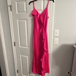 Hot pink satin formal midi dress with slit and ruffle